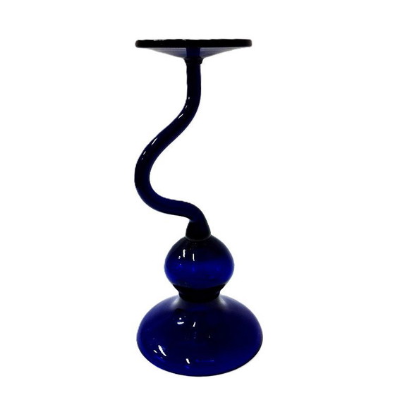 Image 1 of Vintage blue cobalt glass candle holder, 24 cm
