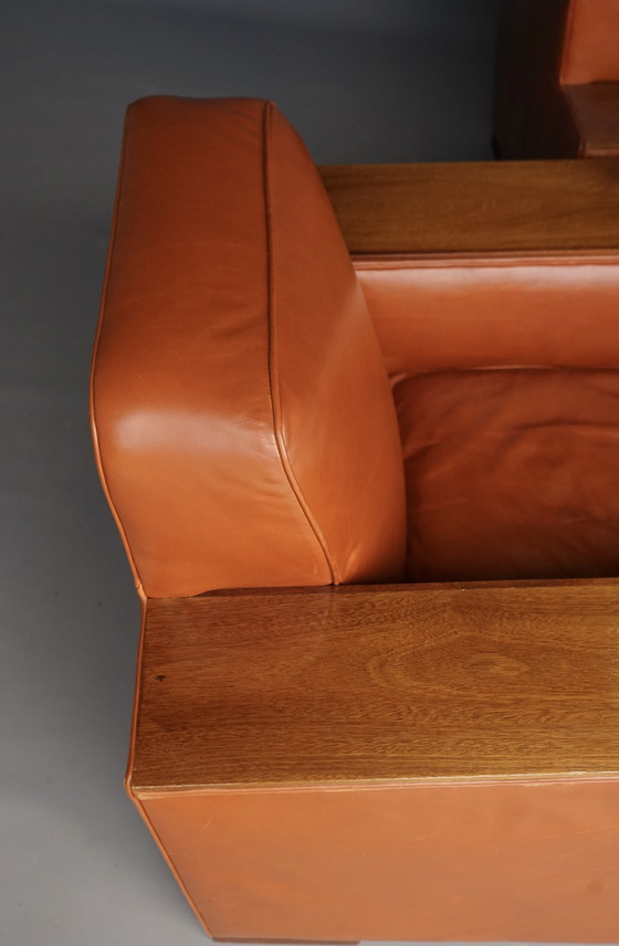 Image 1 of Indrukwekkend paar Art Deco leren fauteuils. 1940s.