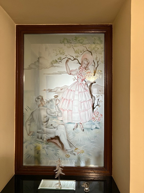 Mid-Century Romantic Pastoral Etched Mirror - Tinted Acid-Engraved Glass Art, Wood, Brown (photo 2 of 5)
