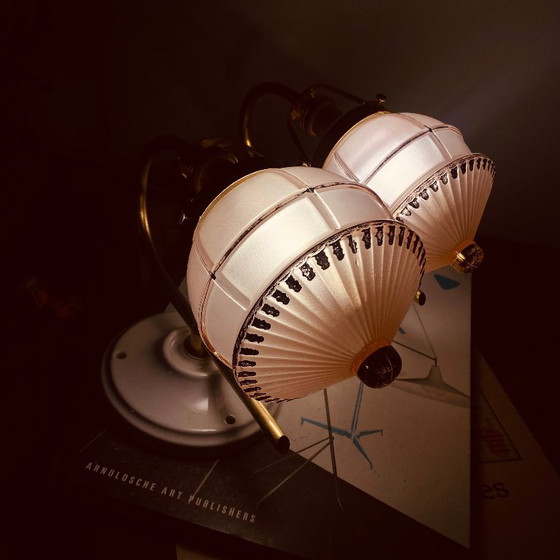 Pair of Antique Brass Swan Neck Wall Sconces, Vintage Pink Glass Globes and Gilding, Porcelain Rosettes (photo 6 of 9)