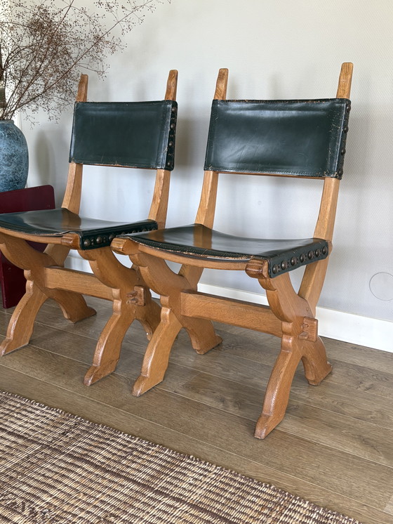 Image 1 of Vintage set of Bram Sprij chairs oak & leather brutalist style