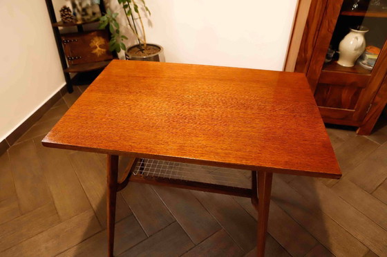 Image 1 of Brussels Style Retro Table with Woven Shelf – Dřevopodnik Holešov, 1960s 
