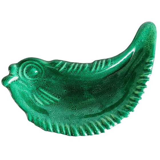 Image 1 of Antike französische Art-Deco-Fischschale aus Fayence, grün glasierte Keramik, Majolika, 1920er Jahre