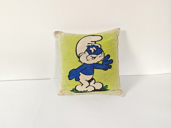 Image 1 of Cuscino vintage dei puffi / Cuscino dei cartoni animati jugoslavi degli anni '80 / Cuscino retro Peyo Smurf da collezione
