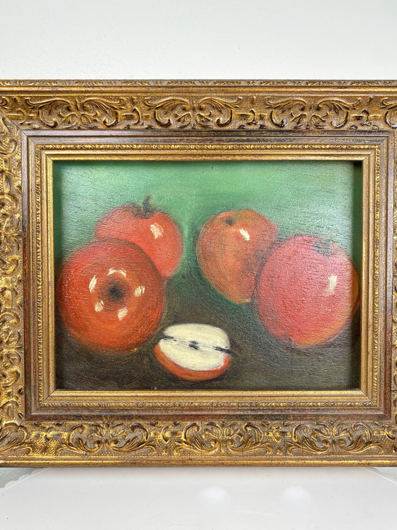 Image 1 of Antique Dutch Still Life Oil Painting with Gold Italian Style Frame – Red Apples on Green Background in Decorative Golden Frame