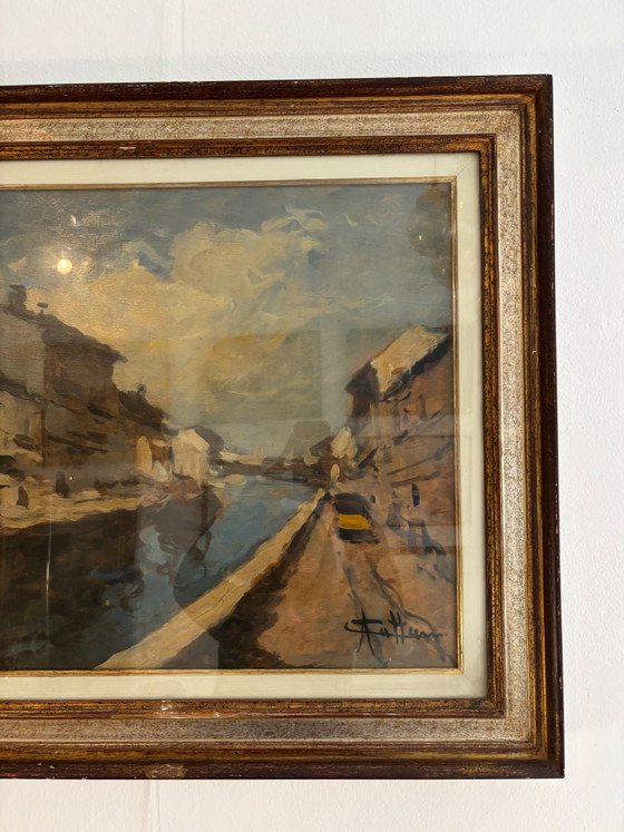 Oil Painting on Canvas of Navigli of Milan by Achille Cattaneo, Early 20th Century – Paintings & Drawings (photo 3 of 7)
