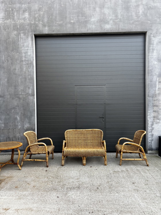 Image 1 of Vintage rotan tuinset – bank, 2 fauteuils en salontafel (jaren 70) 
