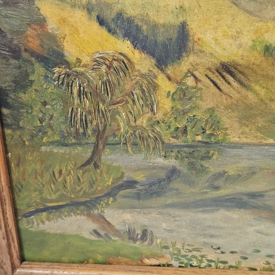 Image 1 of Vintage Oil Painting on Wooden Board | Found in the Attic | Signed by E. Geishofer | Old Church by the Lake | Oak Wood Frame 