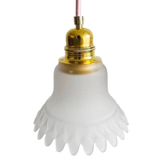 Image 1 of Lampada a sospensione vintage in vetro satinato a forma di fiore bianco trasparente, anni '60