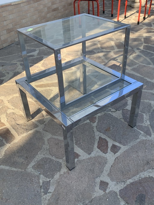 Pair of 1970s Polished Chrome and Glass Coffee Tables - Minimalist Design – salontafels, Metal
