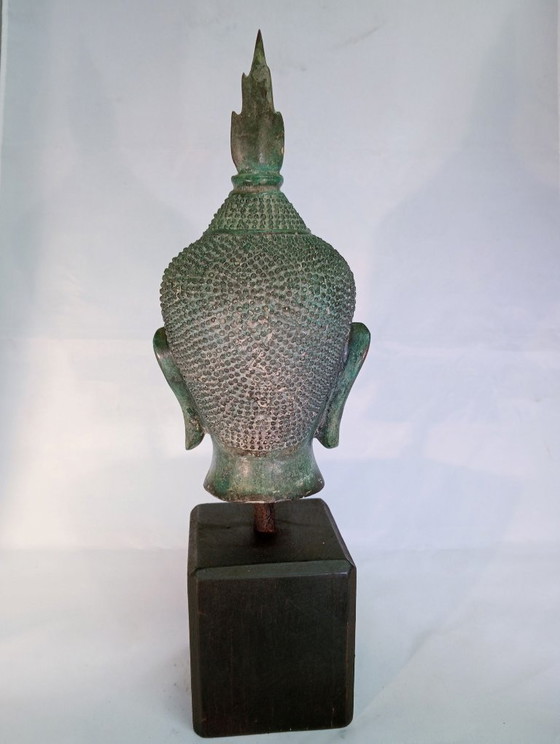 Sculptures Tête de Bouddha, Bronze sur Socle en Bois, Vert, Aziatisch (photo 7 sur 7)
