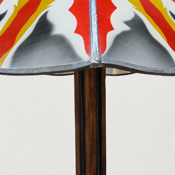 Image 1 of Amsterdam School / Art Deco floor lamp stained glass shade (geometric design) oak base