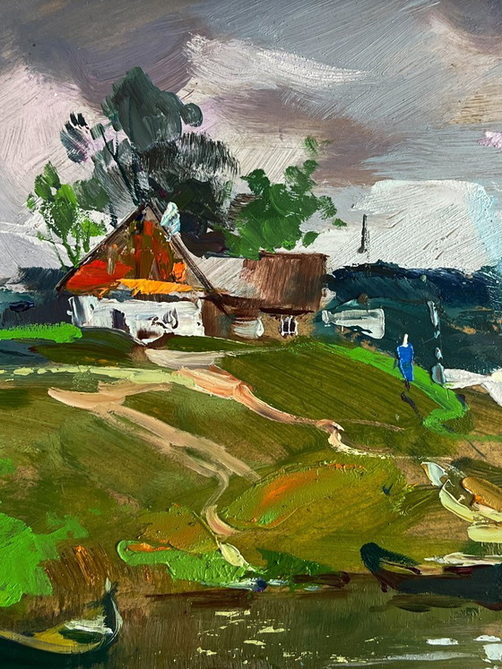 Image 1 of Origineel olieverfschilderij: Landelijk landschap, natuur, een rivier nabij het dorp.