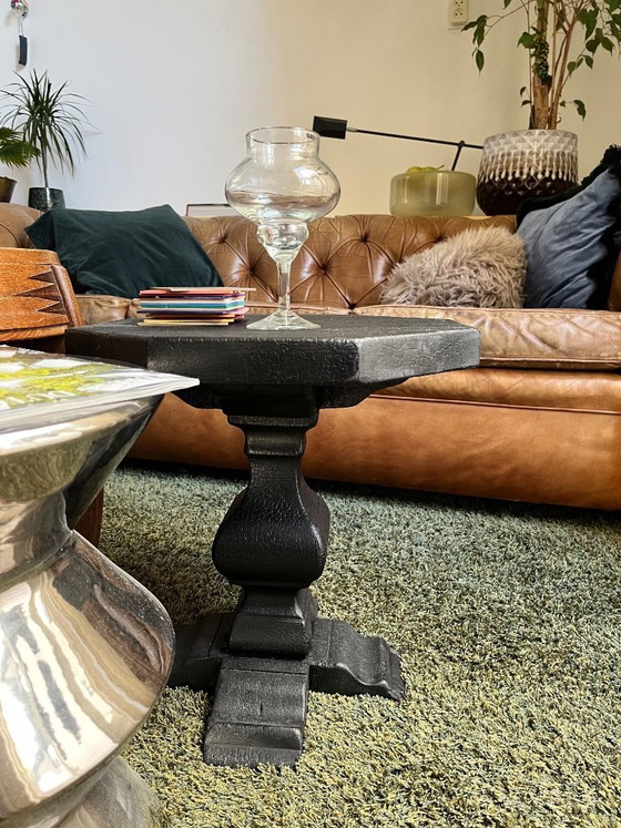 Image 1 of Hardwood brutalist Japandi style side table in black coal