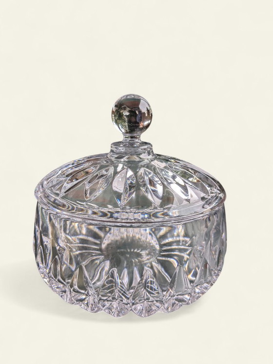 Image 1 of Rare Mid - Century candy jar made of crystal glass with diamond cut | 60s | Vintage glass jar with lid