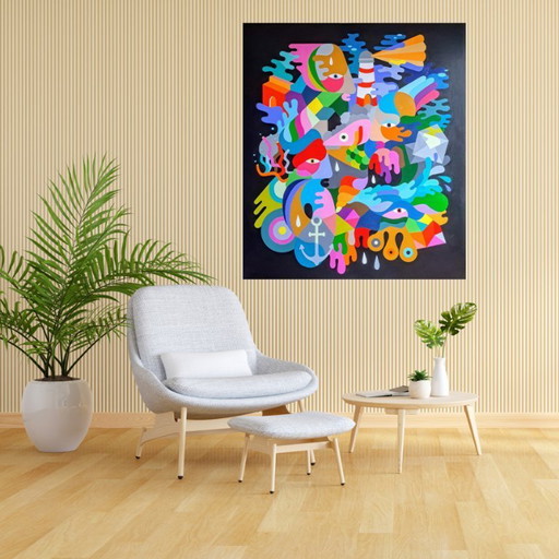 Colorful abstract painting "Fish" - original acrylic on MDF by Franklin van Dam (97x84 cm)
