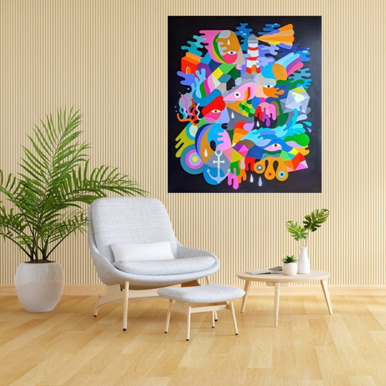 Image 1 of Pittura astratta colorata "Fish" - acrilico originale su MDF di Franklin van Dam (97x84 cm)