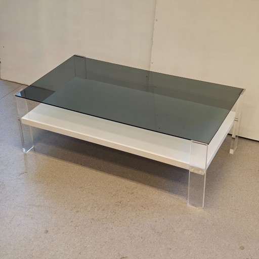Vintage coffee table smoked glass wood plexiglass