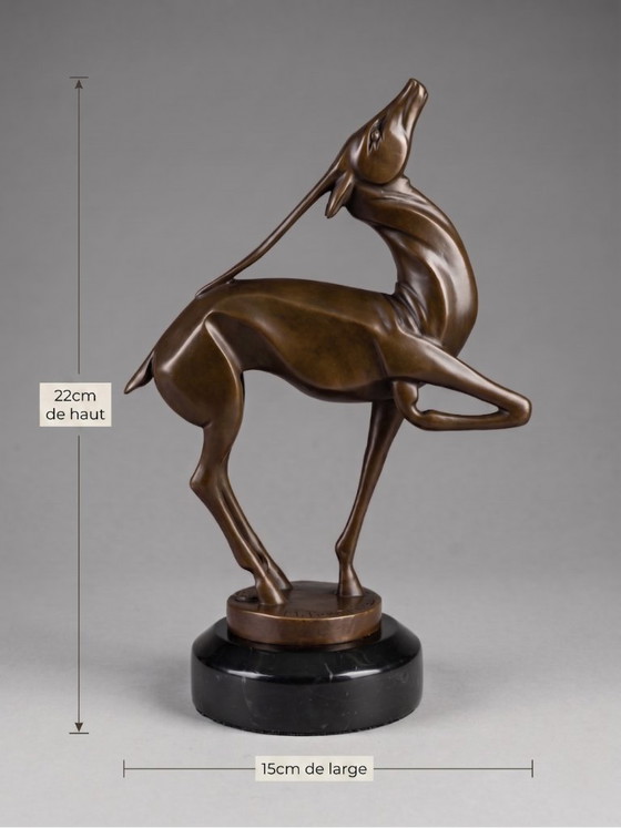 Image 1 of Escultura de antílope Art Déco en bronce patinado, inspirada en Marcel Bouraine, con base de mármol negro – 22 cm