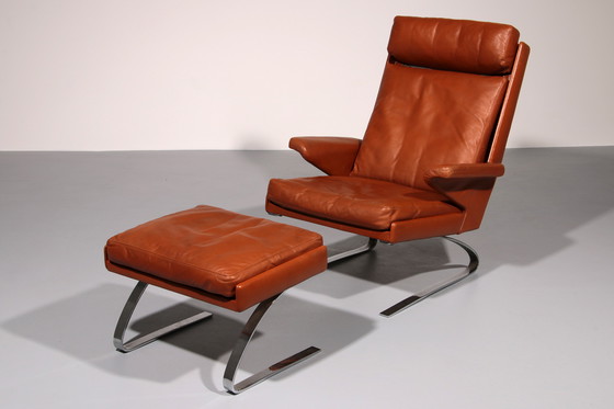 Image 1 of Cognac Leder COR Swing Lounge Stuhl mit Ottomane von Adolf & Schöpfer 1976