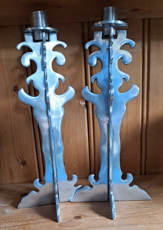 Image 1 of Pair of Brutalist Carved Metal Candleholders - 1970s