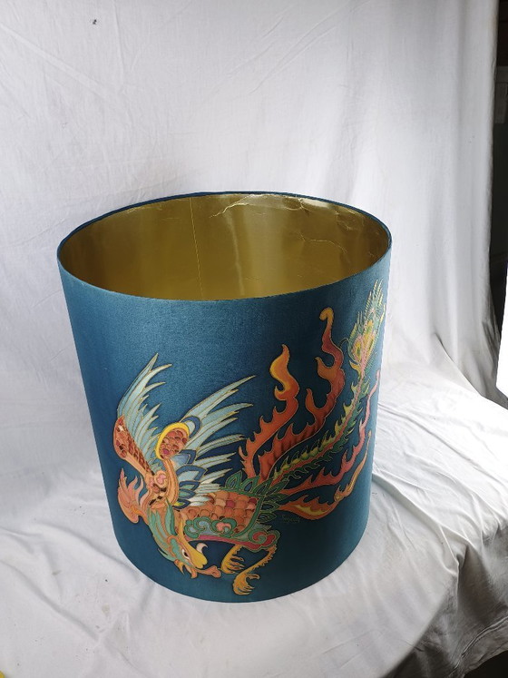 Image 1 of Handmade Signed Silk Dragon Lampshade, Large Vintage Style Table or Floor Lamp Shade, Asian Inspired Decorative Shade