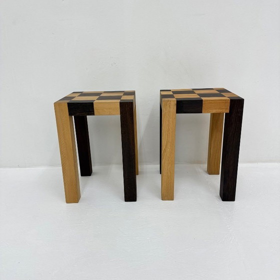 Image 1 of Set of 2 vintage wooden side tables, brown and light wood