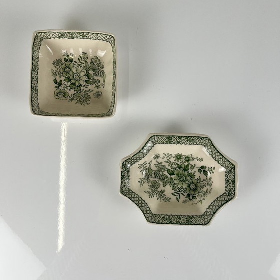 Image 1 of Duo van sieradenbakjes/zeepbakjes van Mason's Ironstone, decor "Stratford" groen, Engeland, 1970
