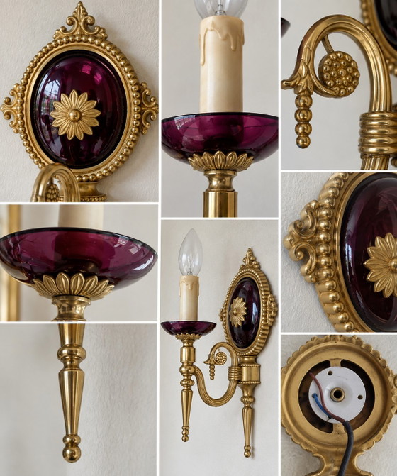Set van 4 vintage wandlampen – aubergine glas & goud | Hollywood Regency – Metal, Brass (photo 3 of 13)
