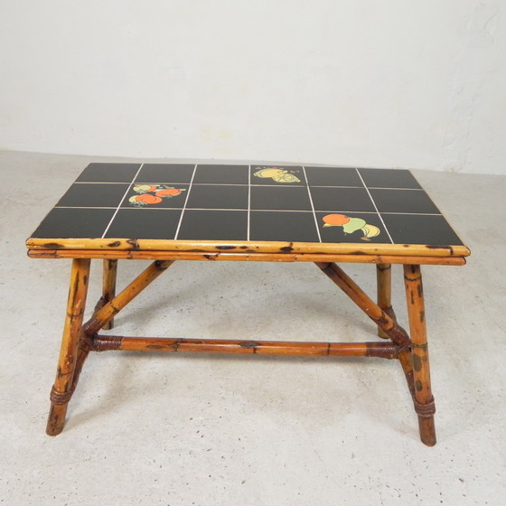 Image 1 of Rattan and bamboo coffee table with tiles, tile table, 1950s