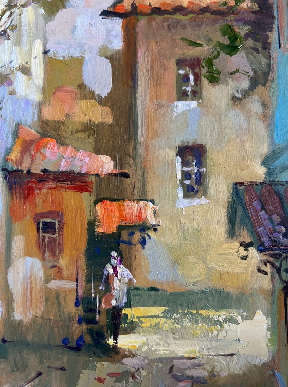 Image 1 of Original Oil Painting Evening City Landscape Fresh air from the streets