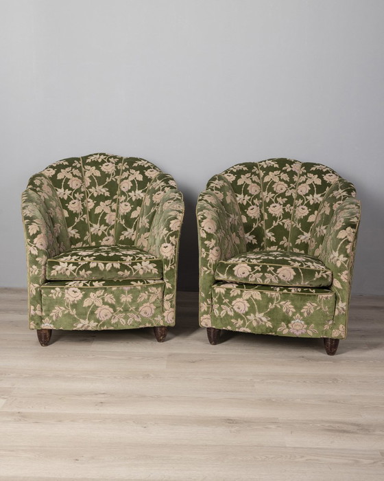 Image 1 of  Page 1 of 9 Paire de fauteuils vintage des années 1950 en tissu floral design italien