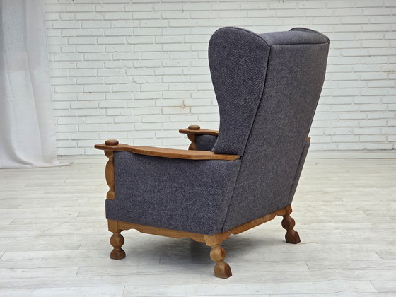 Image 1 of 1970er Hochlehner dänischer Sessel mit Fußhocker, Möbel Wollstoff, Eichenholz massiv