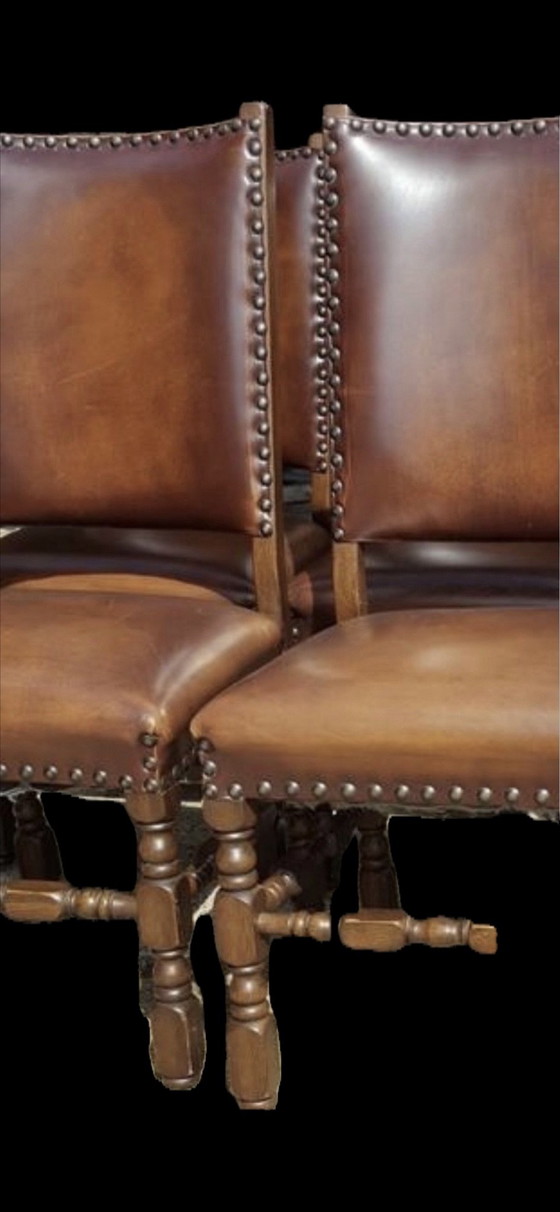 6 chaises de salle à manger classiques en chêne et cuir, Métal, Marron (photo 5 sur 6)
