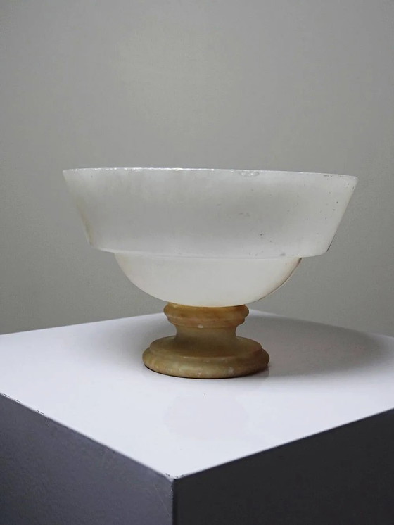 Vintage Italian Alabaster Bowl on Stand, White and Beige, 1960s., Stone (photo 3 of 11)