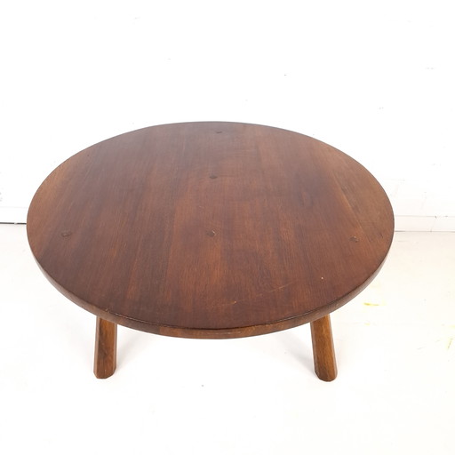 Tavolino da caffè rotondo in legno stile brutalista Wabi Sabi vintage, marrone