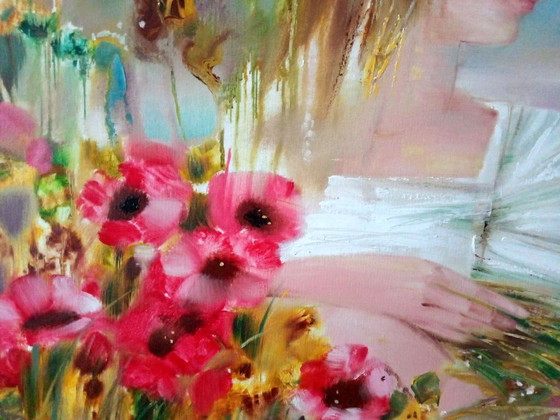 Original Oil Painting Abstract Expressionism Figurative Girl Bird Summer Day – Paintings & Drawings, Canvas (photo 6 of 10)