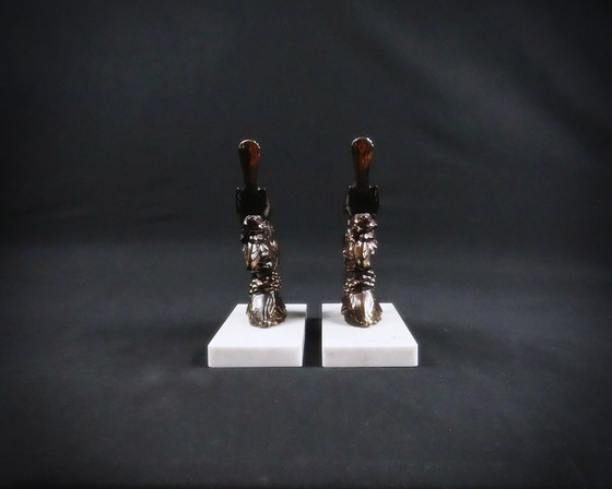 Image 1 of Pair of regule and marble bird sculpture bookends signed Frécourt art deco