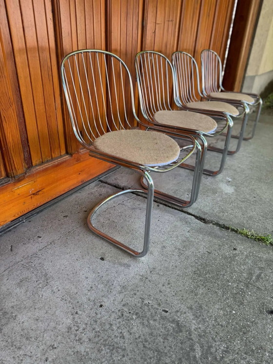 Italian Dining Chairs by Gastone Rinaldi, 1970s, Set of 4, Metal, Textile, Italian Design (photo 9 of 10)