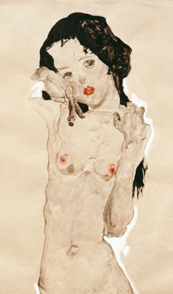 Image 1 of Egon Schiele: “Chica de pelo negro desnuda, de pie”.