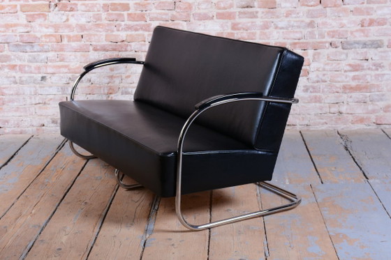 Set di sedute Bauhaus restaurato, di Mücke-Melder, cromo, pelle, ceco, anni '30, Zona salotto, Legno, Nero (foto 7 di 17)
