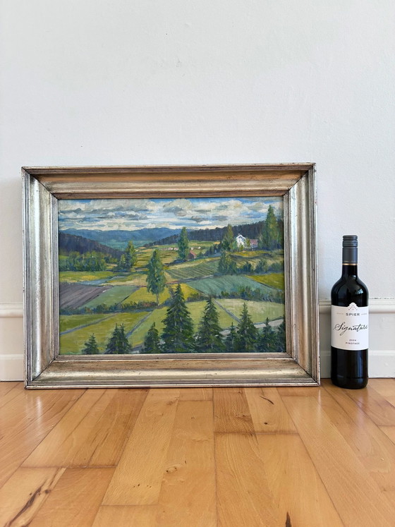 Image 1 of Peinture à l'huile originale vintage représentant un paysage champêtre.