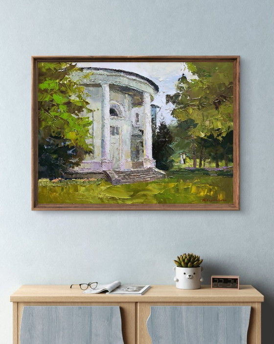 Image 1 of Original Oil Painting Cityscape Architecture Park White Administration Building