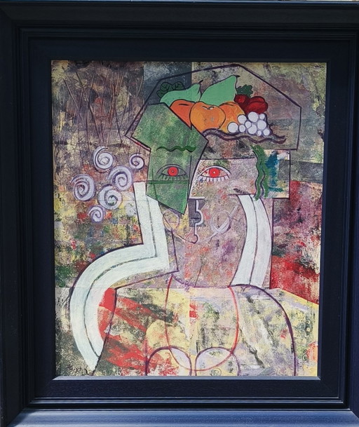 Opera d'arte vintage degli anni '90 di Ludo Huys, realizzata con tecnica mista e ispirata allo stile di Picasso.