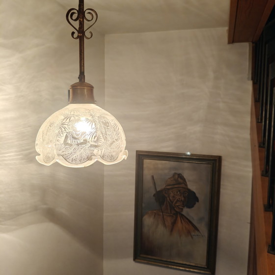 Image 1 of Vintage Copper Pendant Lamp with Etched Glass Shade