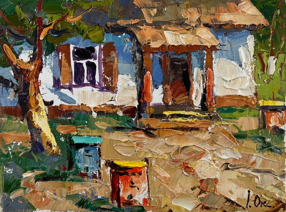 Image 1 of Original Oil Painting Summer Village Landscape Apiary in the yard