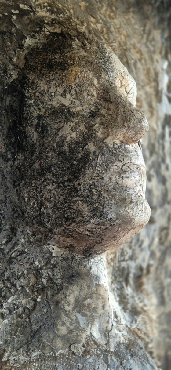 Sealed Silence - Bas-reliëf van Kop uit Gips en Crackle Paste – Beeldhouwkunst, Other (photo 6 of 8)