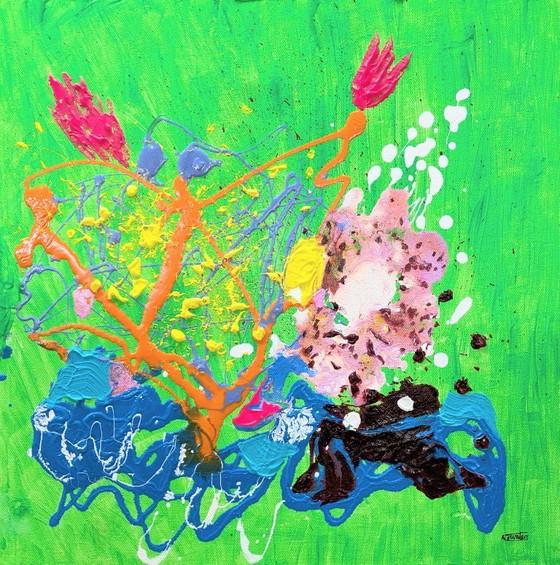 Image 1 of St Ives Abstract Sea and Garden Painting 3 Oil and Acrylic on Canvas Unframed 40x40cm Drip Oil Painting and Acrylic Pallet Knife