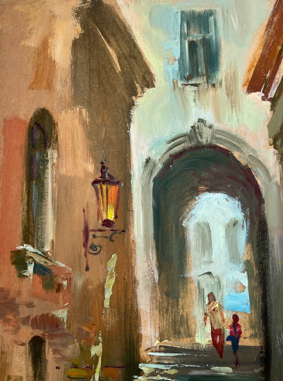 Image 1 of Peinture à l'huile originale représentant des maisons d'été, un paysage et un bateau au milieu des rues de la ville