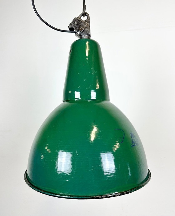 Image 1 of Industrial Green Enamel Factory Lamp with Cast Iron Top, 1960s